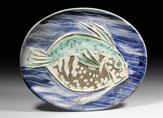 Appraisal: PICASSO PABLO Malaga - Mougins Blue fish Oval clay charger