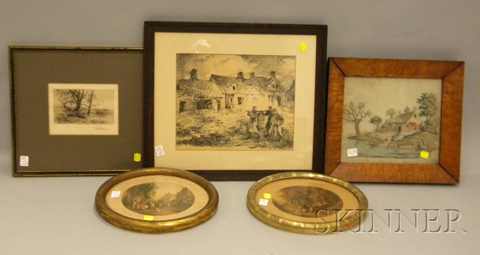 Appraisal: Five Assorted Framed Items a pair of giltwood oval prints