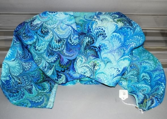 Appraisal: Blue print silk scarf with peacock feather print no label