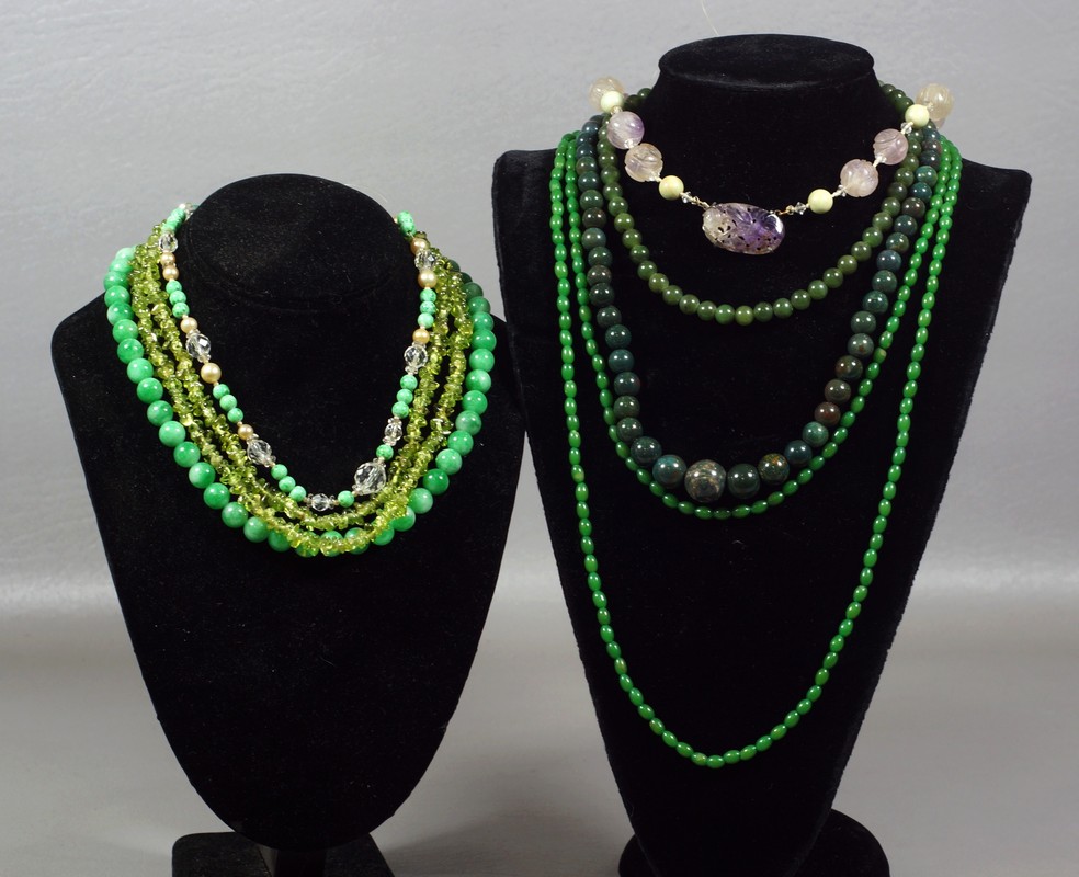 Appraisal: green clear glass jade beaded necklaces longest