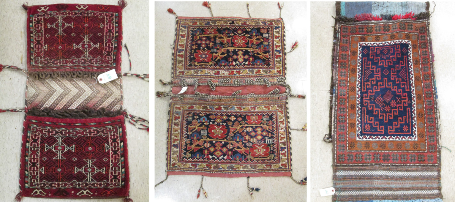 Appraisal: THREE PERSIAN TRIBAL BAGS X red Belouchi double saddlebag x