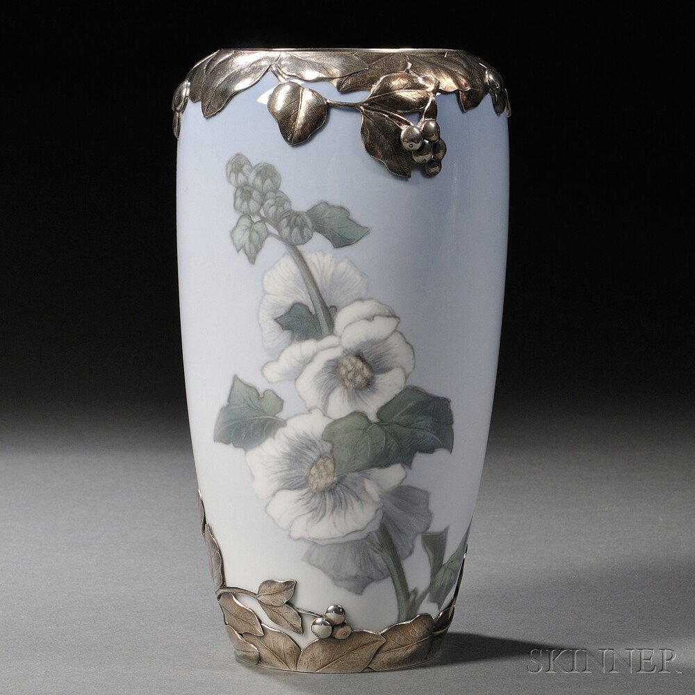 Appraisal: Royal Copenhagen Sterling Silver-mounted Porcelain Vase Denmark c decorated with