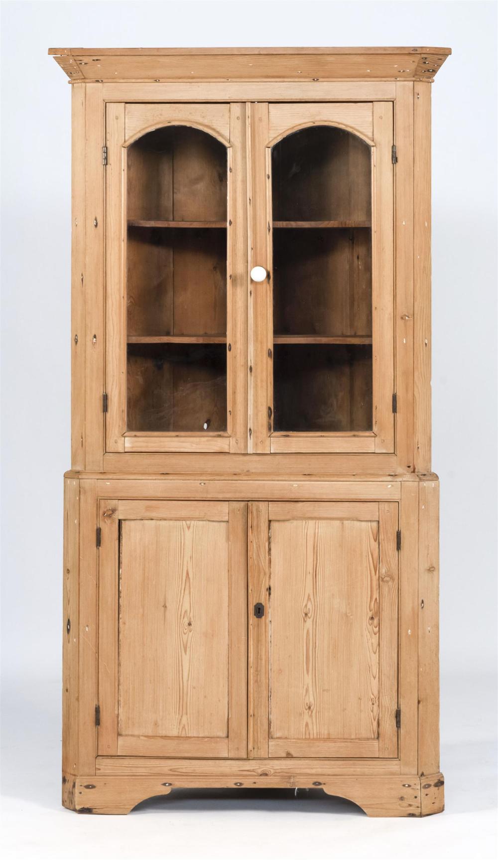 Appraisal: TWO-PART CORNER CUPBOARD TH CENTURY HEIGHT TAKES A CORNER TWO-PART