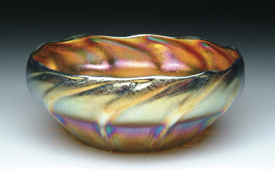 Appraisal: TIFFANY BOWL Spectacular gold favrile bowl has swirled vertical ribbing