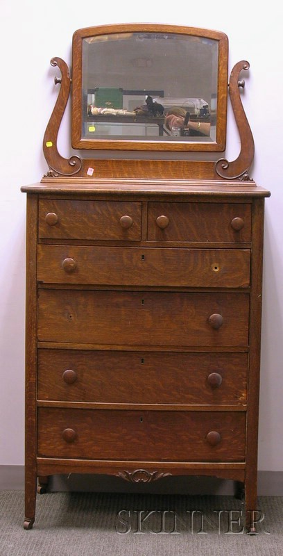 Appraisal: Early th Century Carved Oak and Oak Veneer Mirrored Five-Drawer