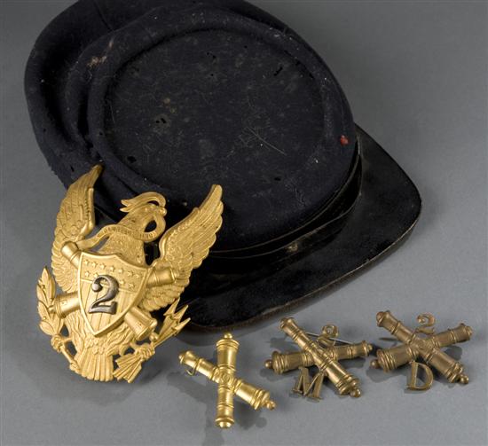 Appraisal: Civil War wool cap and Civil War insignias Cap with