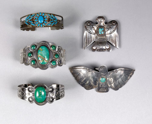 Appraisal: Navajo silver and turquoise jewelry to include cuffs a thunderbird