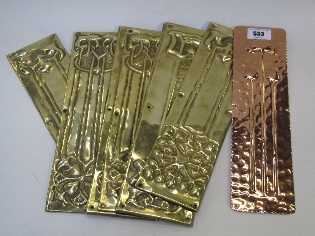 Appraisal: Seven brass Arts and Crafts finger plates and a copper