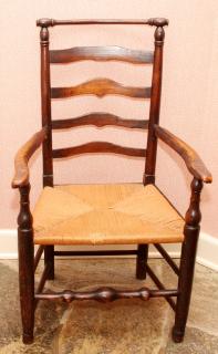 Appraisal: LADDER BACK OPEN ARM CHAIR W RUSH SEAT TH C