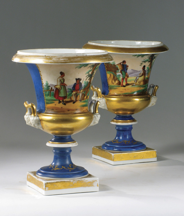 Appraisal: PAIR OF OLD PARIS HAND PAINTED URNS early th century