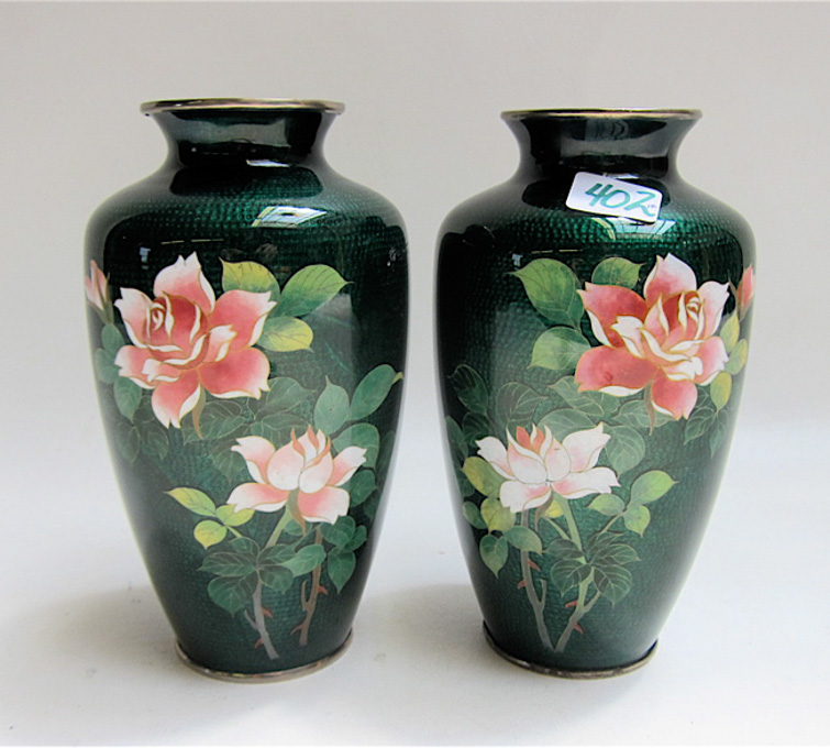 Appraisal: PAIR OF JAPANESE CLOISONNE VASES having high shoulders with flared