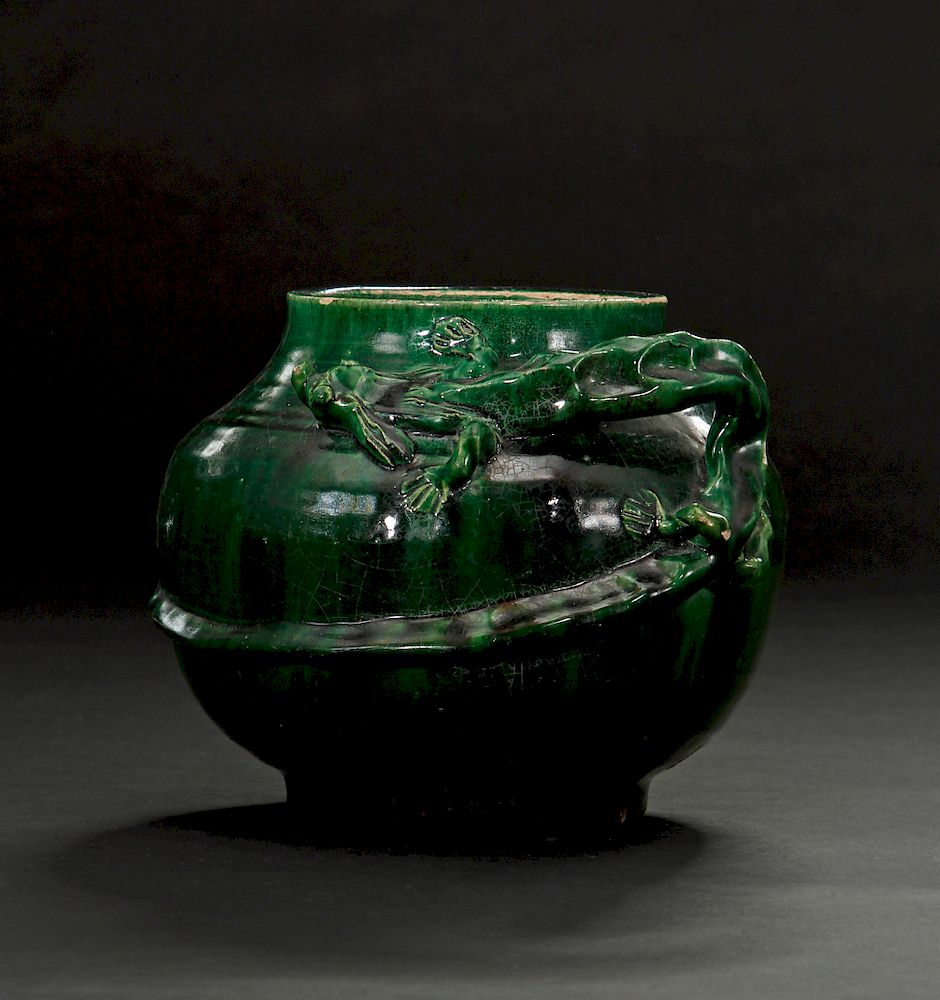 Appraisal: Green Glazed Dragon Jar The compressed globular body rising from