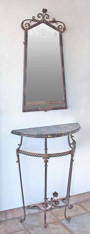 Appraisal: ART DECO IRON HALL TABLE AND MIRROR Black marble top