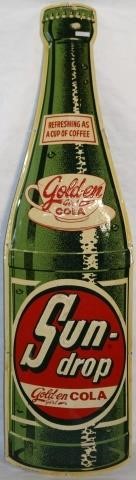 Appraisal: SUN DROP GOLDEN COLA BOTTLE FORM EMBOSSED ANDENAMEL TIN ADVERTISING