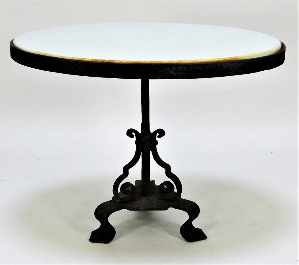 Appraisal: ANTIQUE WROUGHT IRON VITRILITE MINIATURE TABLE Europe th CenturyWhite oval