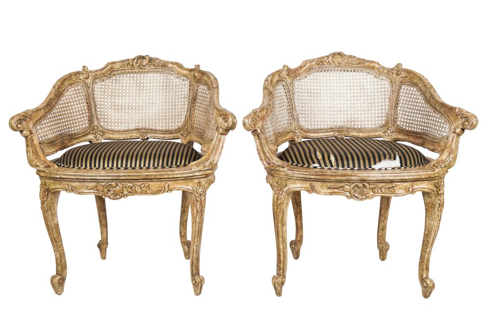 Appraisal: PAIR OF LOUIS XV-STYLE PAINTED WOOD MARQUISESeach with caned back