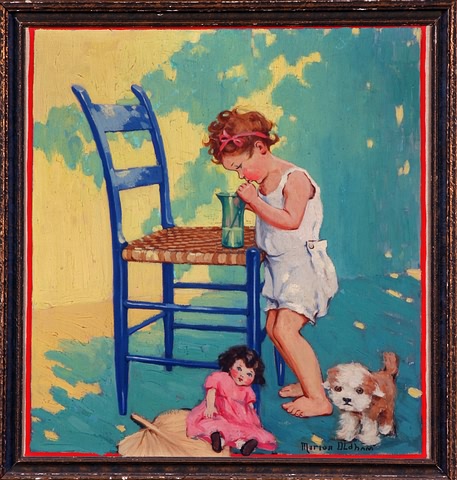 Appraisal: Young girl with doll and dog drinking from a cup