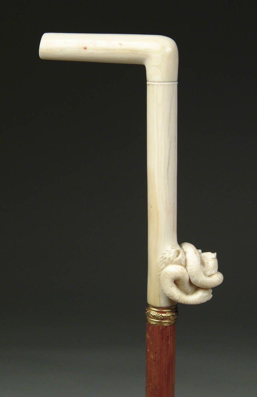 Appraisal: CARVED IVORY SNAKE AND LION HEAD CANE Tall L-shaped ivory