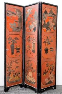 Appraisal: Chinese Black Red Lacquer Folding Screen Chinese three-panel lacquer folding