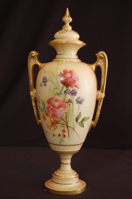 Appraisal: ROYAL WORCESTER HAND PAINTED TH CENTURY BLUSH IVORY LIDDED VASE