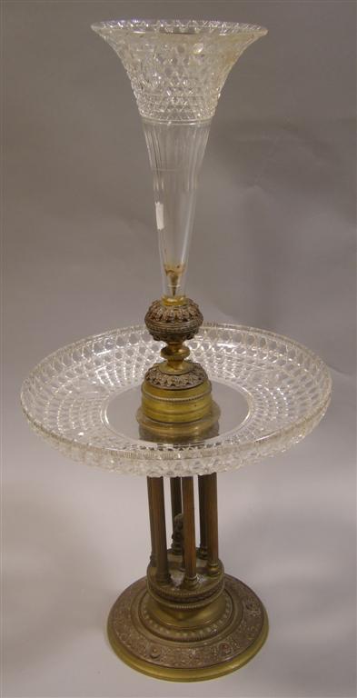 Appraisal: CUT GLASS AND MIXED METAL CENTERPIECE The stepped base formed