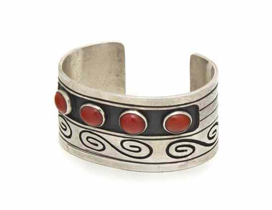 Appraisal: A Hopi Overlay Style Sterling Silver Cuff Bracelet with four