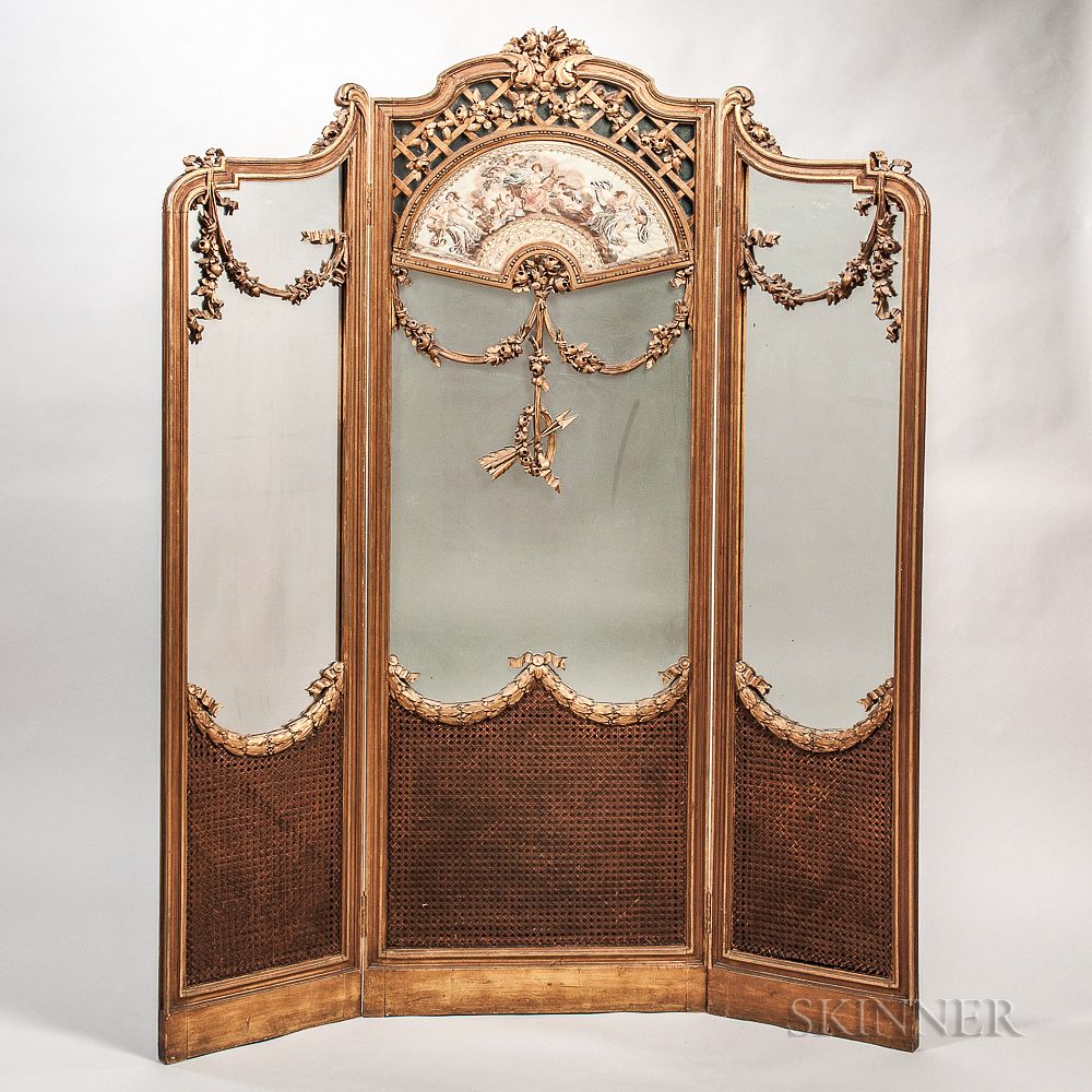 Appraisal: Louis XV-style Carved Giltwood and Mirror Floor Screen Louis XV-style