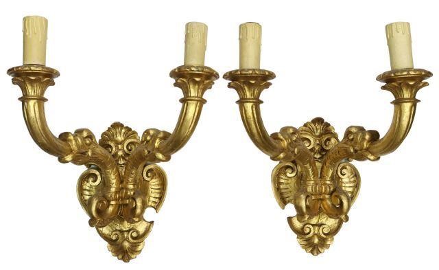 Appraisal: pair Italian Neoclassical giltwood wall sconces early th c shield-form