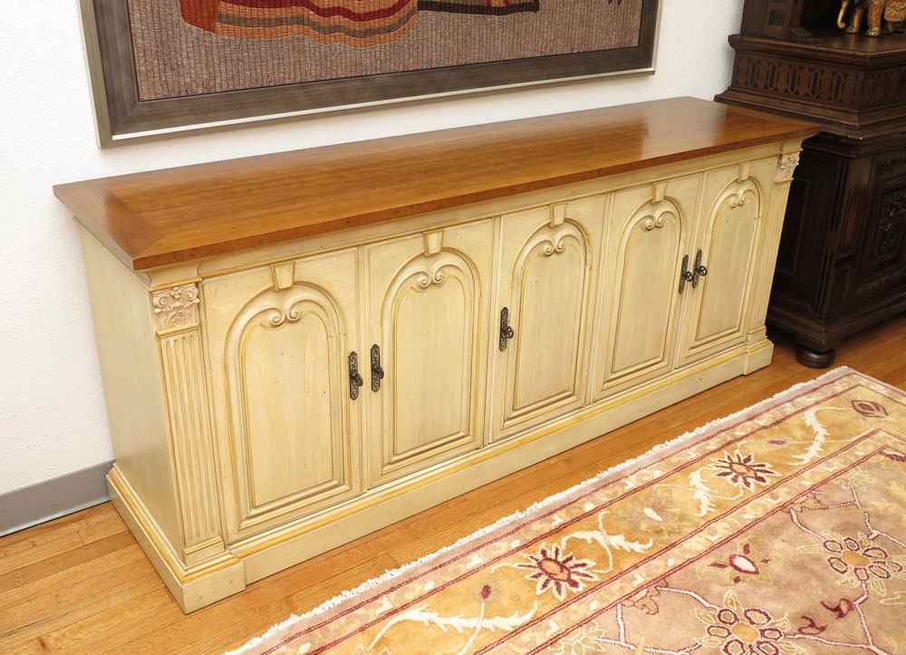 Appraisal: DOOR HENREDON SIDEBOARD Bare wood top with antiqued painted base