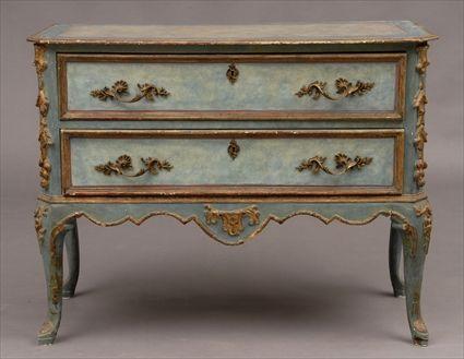 Appraisal: ITALIAN TRANSITIONAL-STYLE CARVED BLUE-STAINED AND PARCEL-GILT COMMODE The molded top