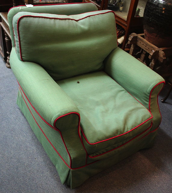 Appraisal: A GREEN UPHOLSTERED EASY ARMCHAIR cm wide