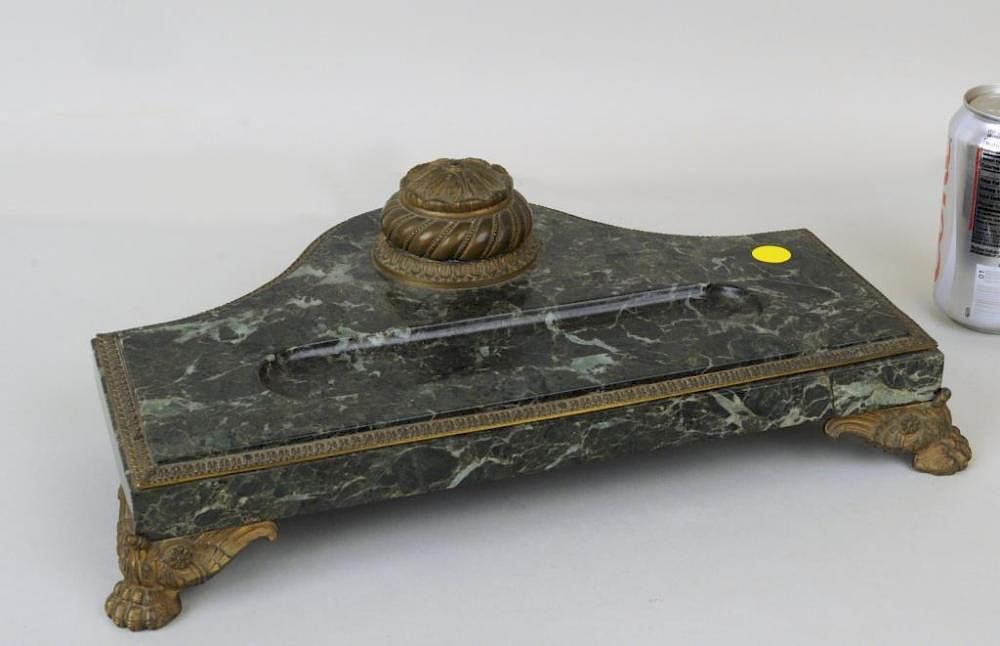 Appraisal: Bronze Mounted Green Marble Inkwell Bronze mounted green marble inkwell