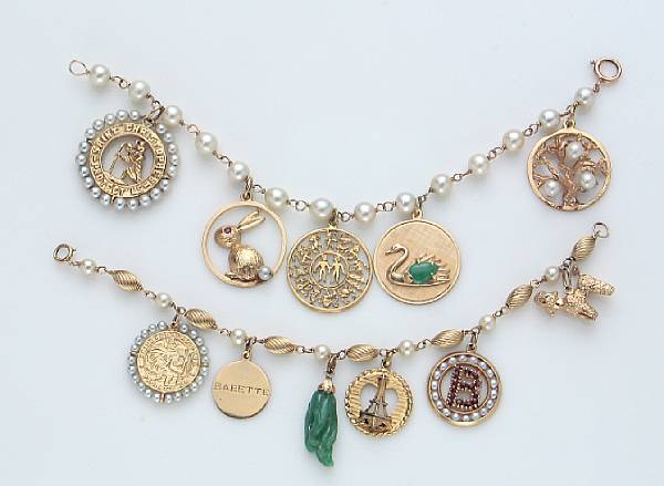 Appraisal: A collection of two gem-set and k gold charm bracelets