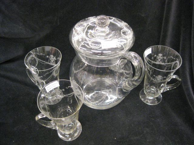 Appraisal: Elegant Etched Crystal Lemonade Pitcher with handled glasses cover