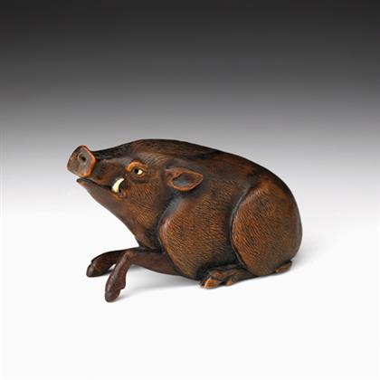 Appraisal: Fine Japanese boxwood okimono of a boar th century Modeled