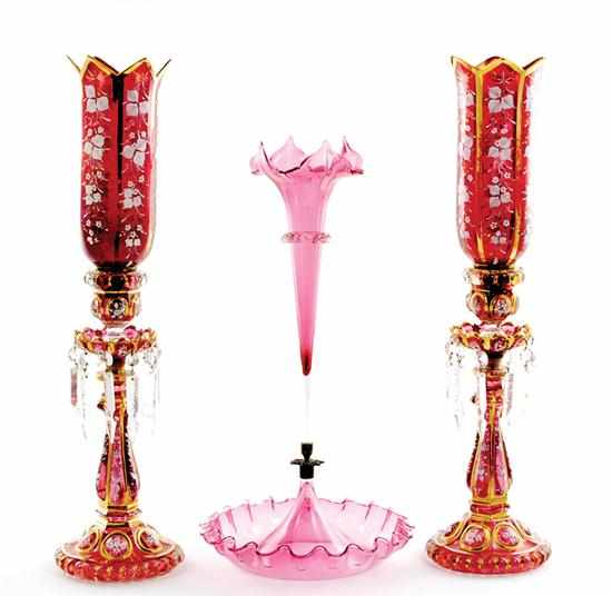 Appraisal: Victorian cranberry glass epergne and pair of lustres second half