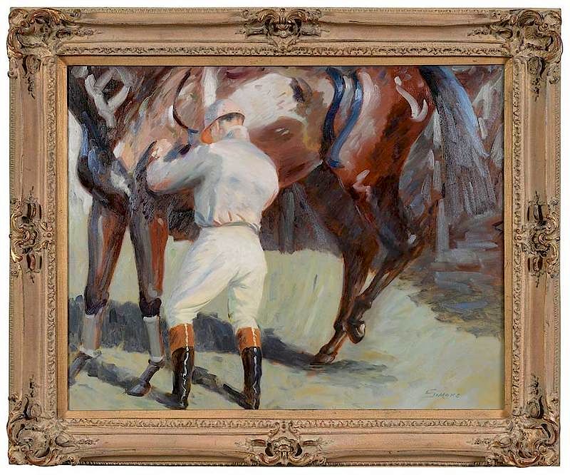 Appraisal: European or British School Equestrian Painting th st century Preparing