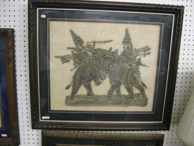 Appraisal: Batik Style Temple Rubbing two warriors on elephants '' x