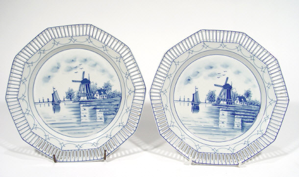 Appraisal: Pair of octagonal porcelain ribbon plates painted with blue Delft