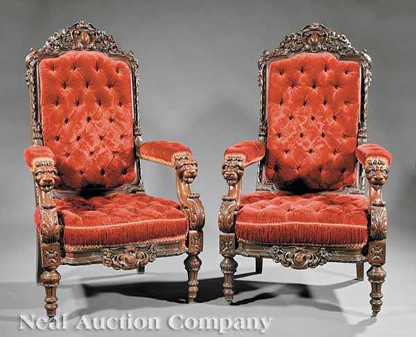 Appraisal: A Pair of Fine American Renaissance Carved Rosewood Armchairs c