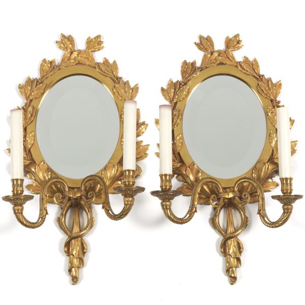 Appraisal: FRENCH EMPIRE PAIR OF D'ORE BRONZE TWO-LIGHT MIRRORED WALL SCONCES