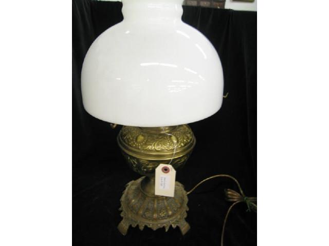 Appraisal: Ornate Oil Lamp milk glass shade electrified