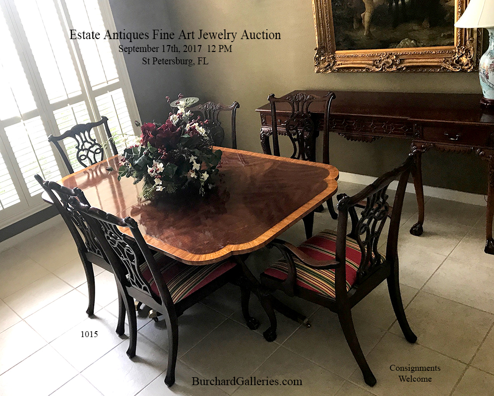 Appraisal: CHIPPENDALE BANDED DINING TABLE AND CHAIRS Banded mahogany top with