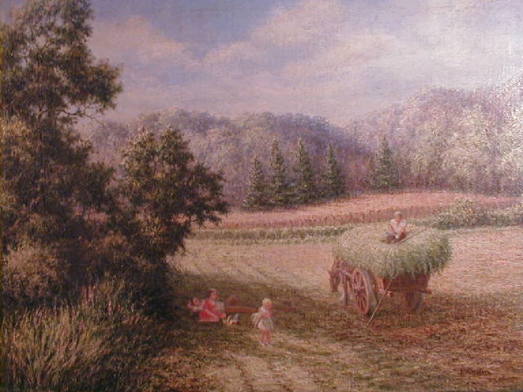 Appraisal: Ernest Costin A haymaking scene with figures and cart oil