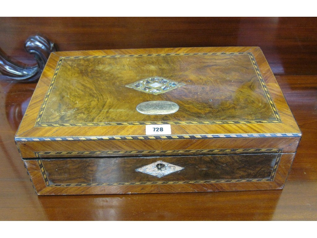 Appraisal: Victorian walnut crossbanded and brass inlaid writing box