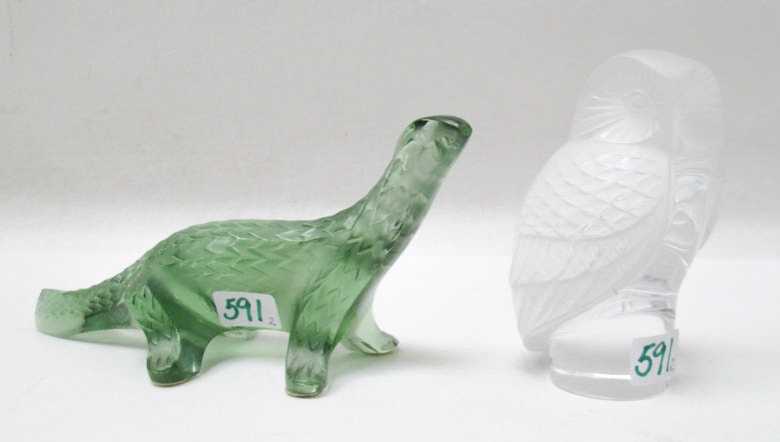 Appraisal: TWO LALIQUE CRYSTAL FIGURINES owl and a green lizard Each