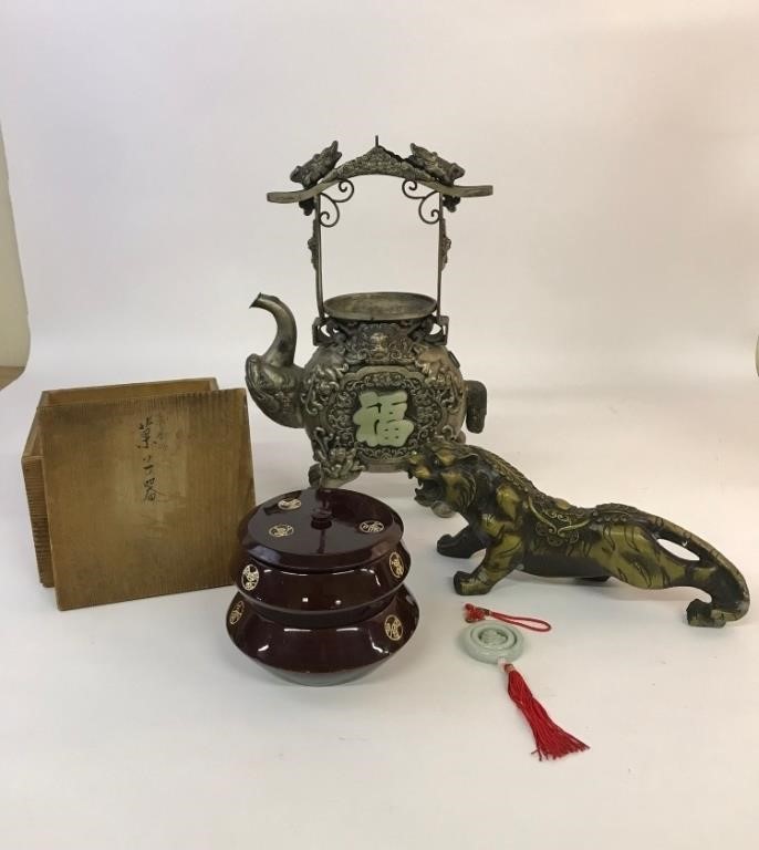 Appraisal: Asian metal hot water kettle with a green hand stone