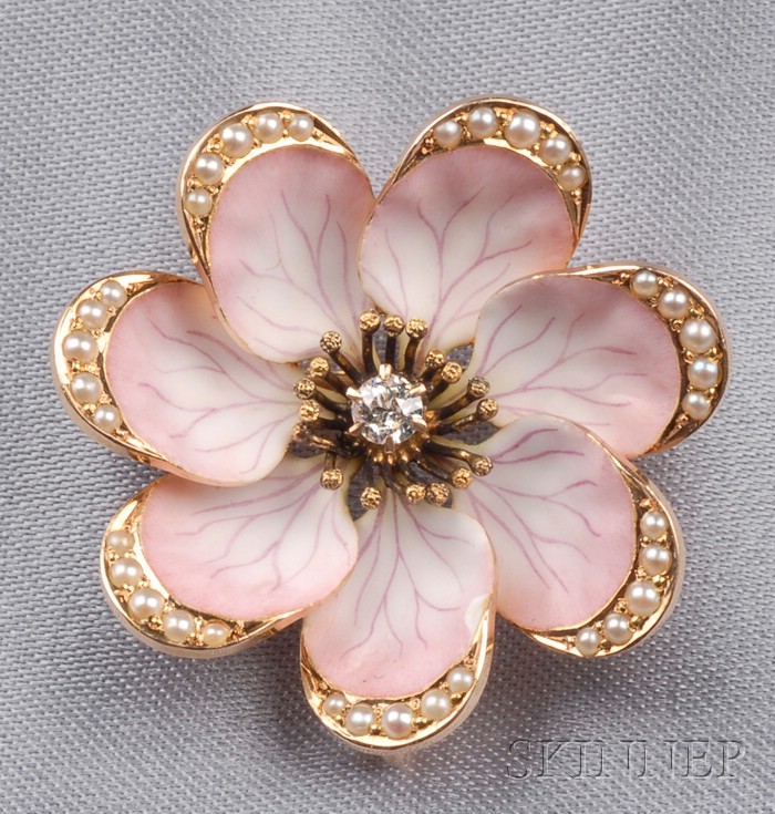 Appraisal: Antique kt Gold Enamel and Gem-set Flower Pin edged with