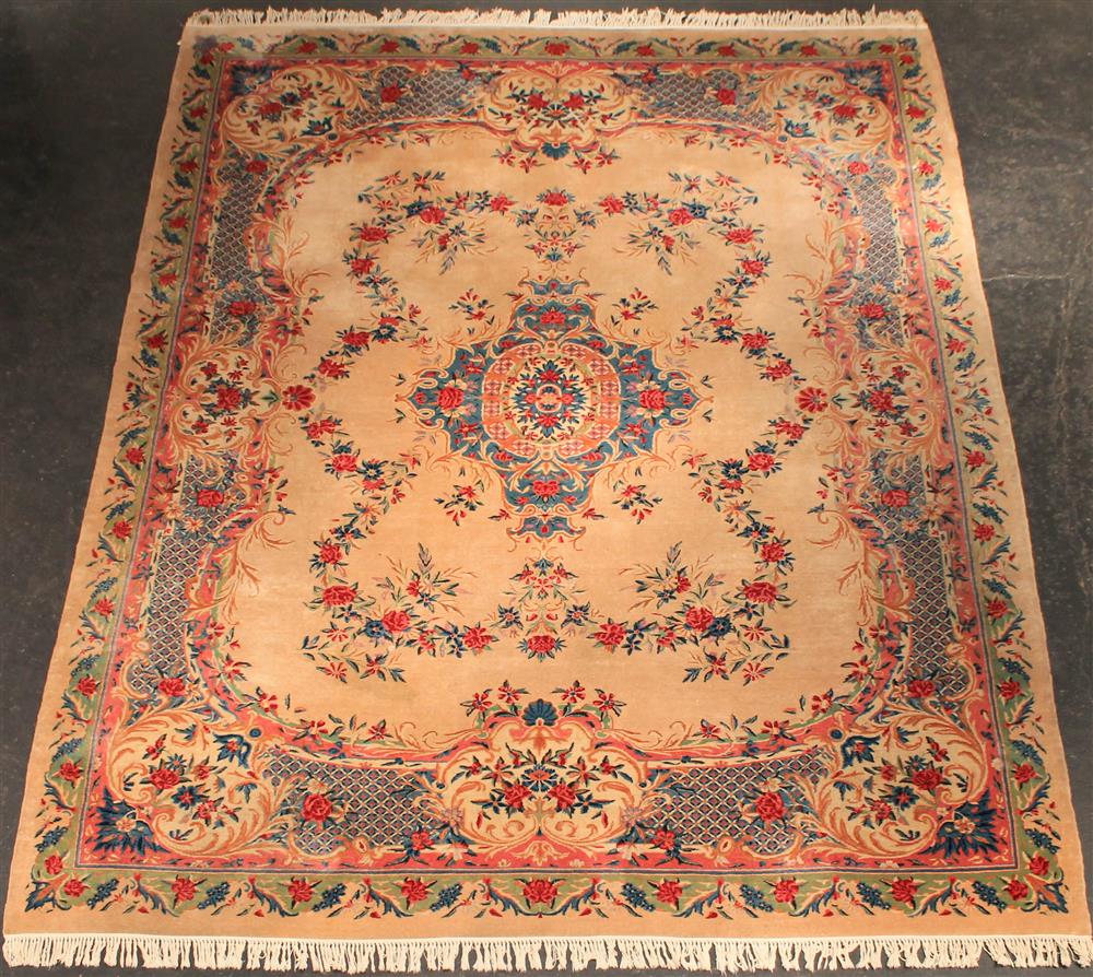 Appraisal: SAVONNERIE DESIGN RUG pale gold field blues and reds design