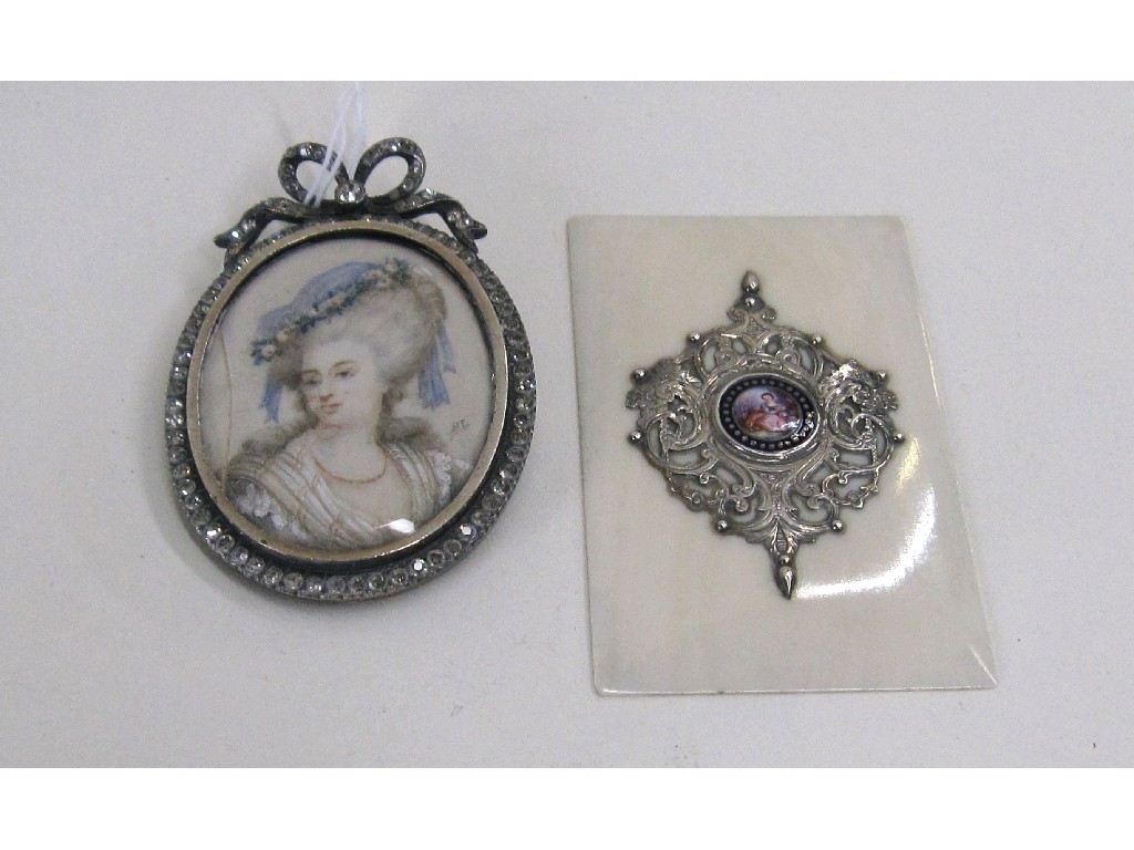 Appraisal: Lot comprising portrait miniature in marcasite frame and a white